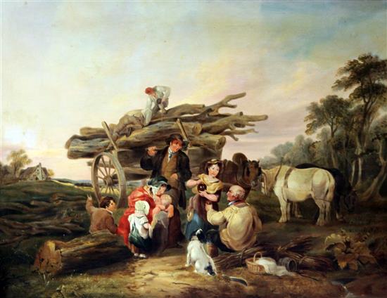 Follower of William Shayer (1787-1879) Loggers picnicing in landscape, 27 x 35.5in.